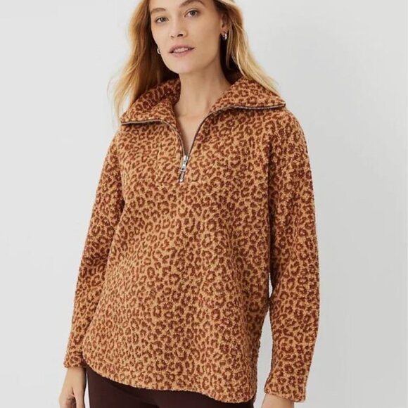 NWT ANN TAYLOR Leopard Print Sherpa Zipper sweatshirt Brown/camel Size XS - Picture 1 of 9
